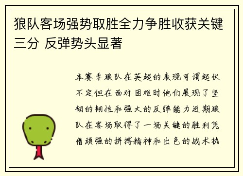 狼队客场强势取胜全力争胜收获关键三分 反弹势头显著
