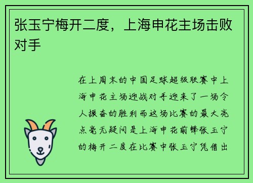 张玉宁梅开二度，上海申花主场击败对手