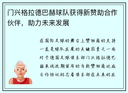 门兴格拉德巴赫球队获得新赞助合作伙伴，助力未来发展