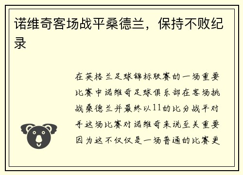 诺维奇客场战平桑德兰，保持不败纪录